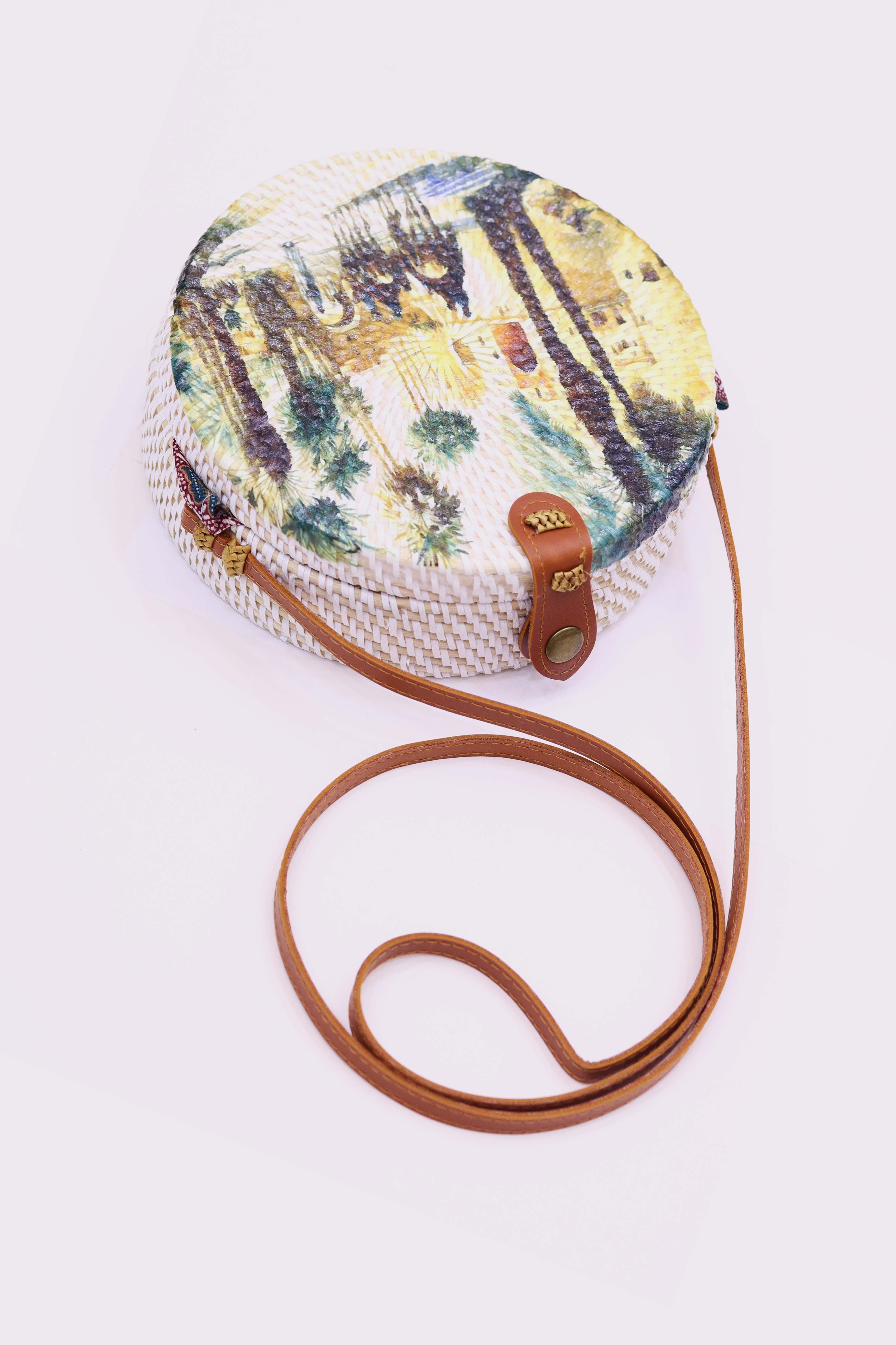 Round Rattan Bag For Women Handwoven Shoulder Leather Straps Natural Chic Hand RB-04